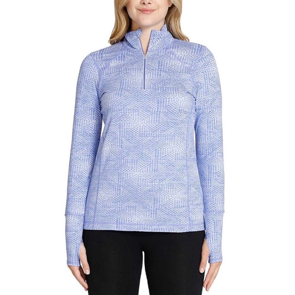 Kirkland Signature Women’s Quarter Zip Pullover Small Blue Geometric Long Sleeve